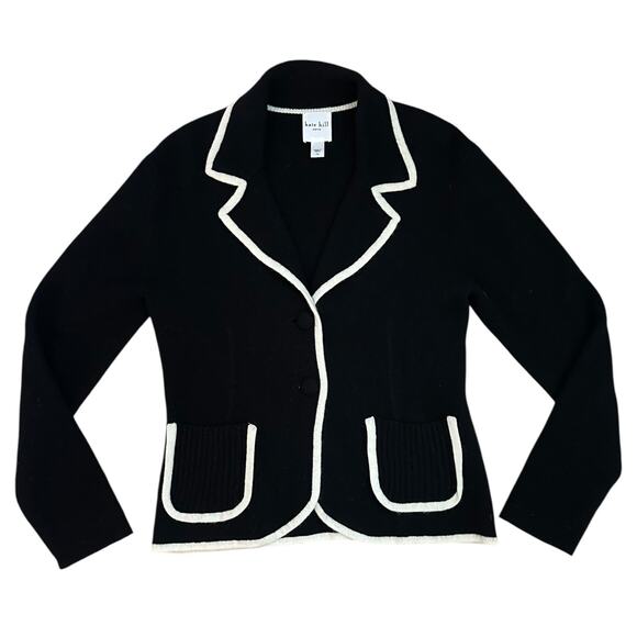 Kate Hill Petite M Black Cream Trim Cardigan Blazer Sweater Lambswool Angora - Picture 1 of 9